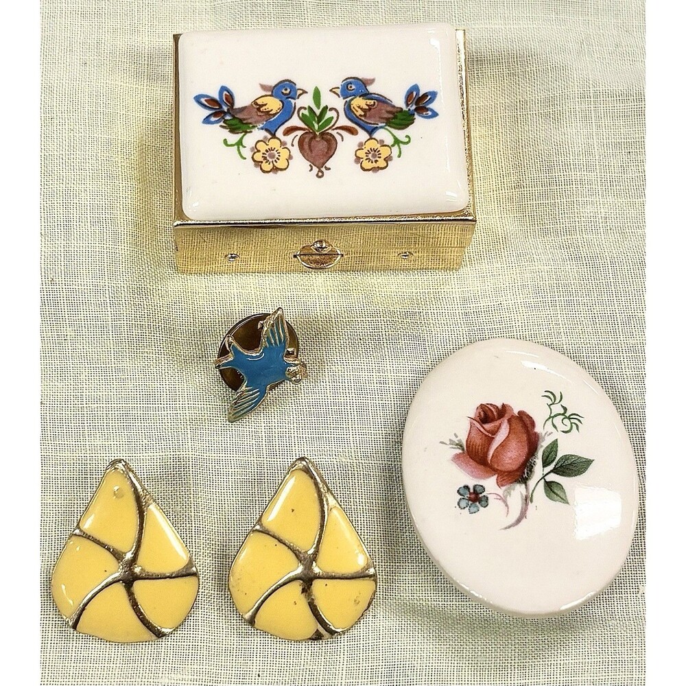 VTG Jewelry Lot Pill Box Enamel Earrings Bird Pin Porcelain Brooch Mid Century